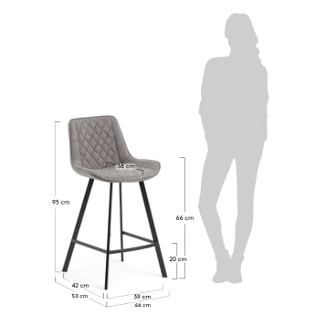 Adela faux leather stool in light grey, with steel legs in a black finish, height 66 cm - sizes
