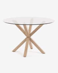 Full Argo round glass table with steel legs with wood-effect finish Ø 119 cm