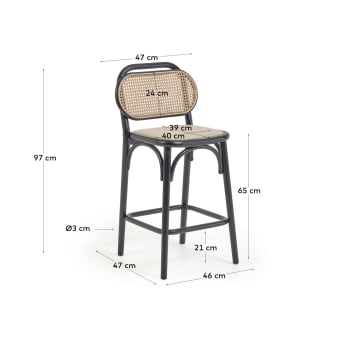 Doriane 65 cm height solid elm stool with black lacquer finish and upholstered seat - sizes