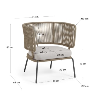 Nadin armchair in beige cord with galvanised steel legs - sizes