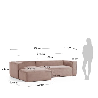 Blok 3 seater sofa with left-hand chaise longue in pink corduroy, 300 cm - sizes