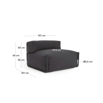 Square modular 100% outdoor sofa pouffe w/ backrest, dark grey, black aluminium, 101x101cm - sizes