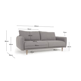 3 seater Carlota sofa in grey, 213cm - sizes