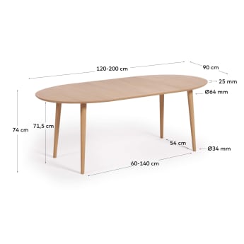 Oqui extendable oval table with an oak veneer and solid wood legs, Ø 120 (200) x 90 cm - sizes