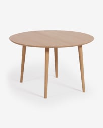Oqui extendable oval table with an oak veneer and solid wood legs, Ø 120 (200) x 120 cm