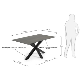 Τραπέζι Argo 180 εκ, πορσελάνη με φινίρισμα Iron Moss και μαύρα πόδια - μεγέθη