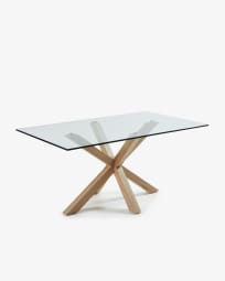 Τραπέζι Argo, γυαλί και ατσάλινα πόδια με εφέ ξύλου, 160 x 90 εκ