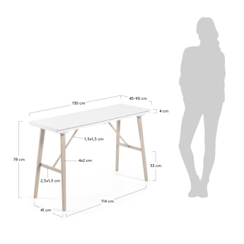 Κονσόλα-Τραπέζι Aruna, λευκό MDF, πόδια από ατσάλι σε ξύλινο φινίρισμα, 130 x 45 (90) εκ - μεγέθη