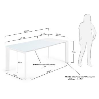 Επεκτεινόμενο τραπέζι Axis, λευκό γυαλί και λευκά ατσάλινα πόδια, 140(200)εκ - μεγέθη