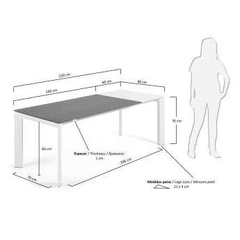 Επεκτεινόμενο τραπέζι Axis, πορσελάνη Vulcano Roca, λευκά πόδια, 160(220)εκ - μεγέθη