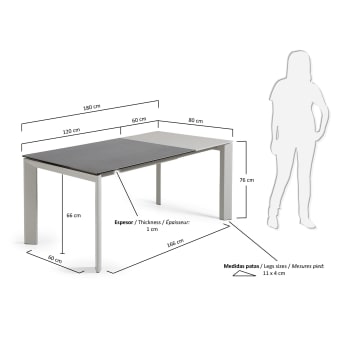 Επεκτεινόμενο τραπέζι Axis, πορσελάνη Vulcano Roca και γκρι ατσάλινα πόδια, 120(180)εκ - μεγέθη