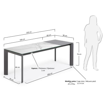 Επεκτεινόμενο τραπέζι Axis, πορσελάνη Kalos Blanco, ανθρακί πόδια, 160(220)εκ - μεγέθη