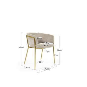 Καρέκλα Runnie, μπεζ chenille και μεταλλικά πόδια σε χρυσό φινίρισμα - μεγέθη