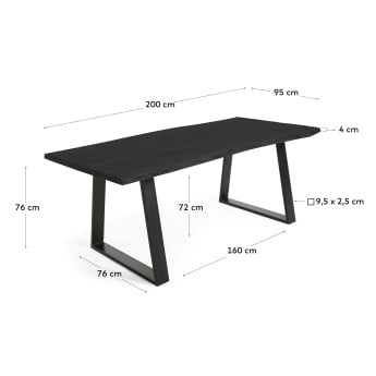 Τραπέζι Alaia, μαύρο μασίφ ξύλο ακακίς και μαύρα μεταλλικά πόδια, 200 x 95 εκ - μεγέθη