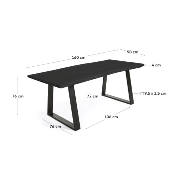 Τραπέζι Alaia, μαύρο μασίφ ξύλο ακακίας και μαύρα μεταλλικά πόδια, 160 x 90 εκ - μεγέθη
