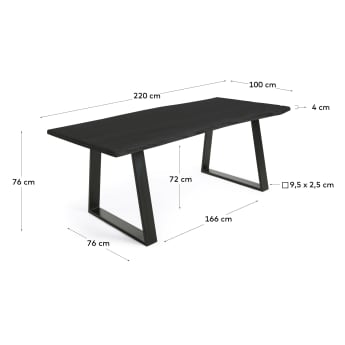 Τραπέζι Alaia, μαύρο μασίφ ξύλο ακακίας και μαύρα μεταλλικά πόδια, 220 x 100 εκ - μεγέθη