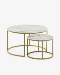 Σετ 2 βοηθητικά τραπέζια Leonor, λευκό γυαλί και χρυσό ατσάλι, Ø80/Ø 50εκ
