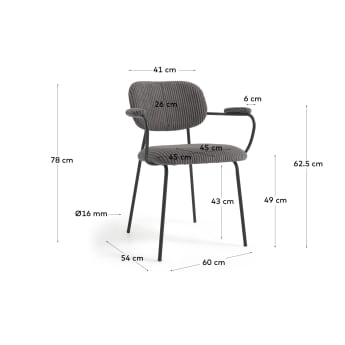 Καρέκλα Auxtina, σκούρο γκρι κοτλέ και μαύρο μέταλλο - μεγέθη