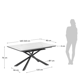 Ανοιγόμενο τραπέζι Theone, λευκή πορσελάνη, μαύρα ατσάλινα πόδια, 160 (210) x 90 εκ - μεγέθη