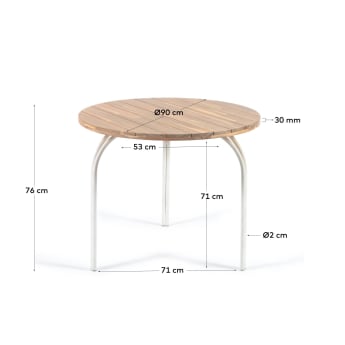 Στρογγυλό τραπέζι Cailin, FSC 100% ξύλο ακακίας, λευκά πόδια σε γαλβανισμένο ατσάλι, Ø90εκ - μεγέθη