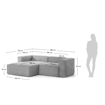 2θ καναπές με ανάκλινδρο αριστερά Blok 240 εκ, γκρι βελούδο - μεγέθη