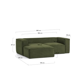 2θ καναπές Blok με ανάκλινδρο αριστερά, πράσινο κοτλέ, 240 εκ - μεγέθη