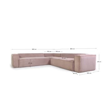 Γωνιακός καναπές 6θ Blok, 320 x 320 εκ, ροζ κοτλέ - μεγέθη