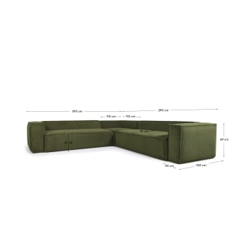 4θ γωνιακός καναπές Blok, χοντρό πράσινο κοτλέ, 290 x 290 εκ - μεγέθη