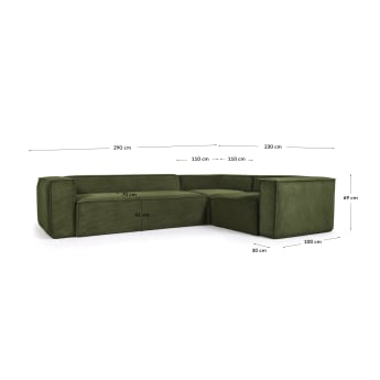 Γωνιακός 3θ καναπές Blok, πράσινο χοντρό κοτλέ, 290x230εκ - μεγέθη