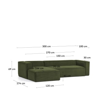 3θ καναπές Blok με ανάκλινδρο αριστερά, πράσινο κοτλέ, 300 εκ - μεγέθη
