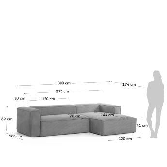 3θ καναπές με ανάκλινδρο δεξιά Blok, 300 εκ, γκρι κοτλέ - μεγέθη