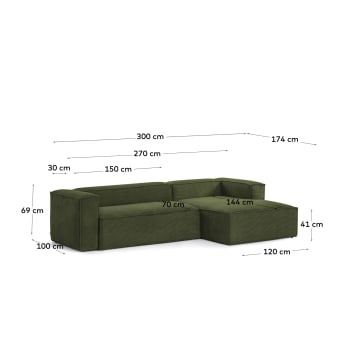 3θ καναπές Blok με ανάκλινδρο δεξιά, πράσινο κοτλέ, 300 εκ - μεγέθη