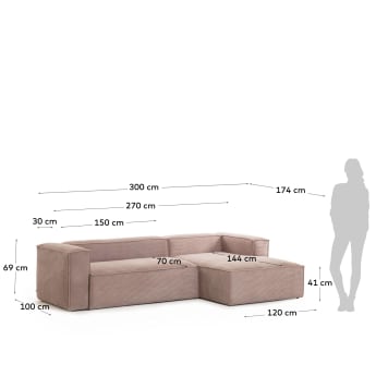 3θ καναπές με ανάκλινδρο δεξιά Blok, 300 εκ, ροζ κοτλέ - μεγέθη