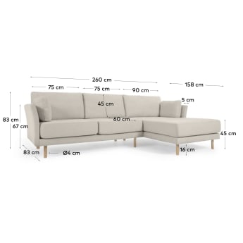 3θ καναπές Gilma με ανάκλινδρο αριστερά/δεξιά, μπεζ, πόδια σε φυσικό φινίρισμα, 261 εκ - μεγέθη