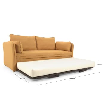 Καναπές-κρεβάτι Tanit, μουσταρδί, πόδια σε μασίφ ξύλο οξυάς σε φυσικό φινίρισμα, 210 εκ - μεγέθη