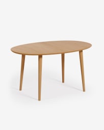 Ανοιγόμενο τραπέζι Oqui, δρύινος καπλαμάς, μασίφ πόδια, Ø140(220)x90εκ