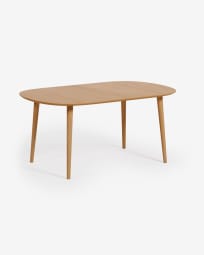 Ανοιγόμενο τραπέζι Oqui, δρύινος καπλαμάς, μασίφ πόδια, Ø160(260)x100εκ