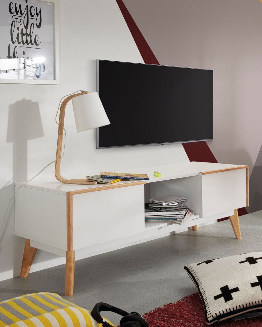 Cyclopen Billy Remmen Melan massief rubberhouten TV-meubel met witte lak 150 x 45 cm | Kave Home
