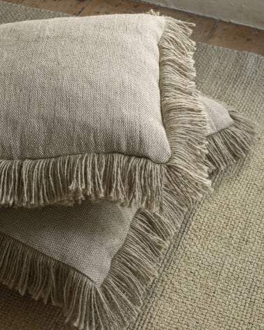 Funda de cojín Delcie de algodón y yute con flecos beige 60 x 60 cm