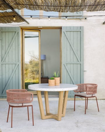 Table ronde Shanelle en terrazzo blanc et bois d'acacia massif Ø 120 cm