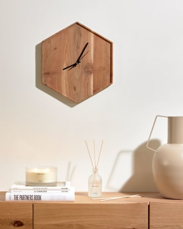 Zakie hexagonal wall clock in solid acacia wood with natural finish, 35,5 x 40,5 cm