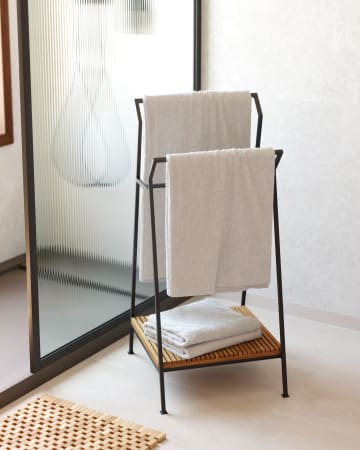 Porte-serviettes Taciana en bois de teck massif et métal finition noire 35 x 80 cm