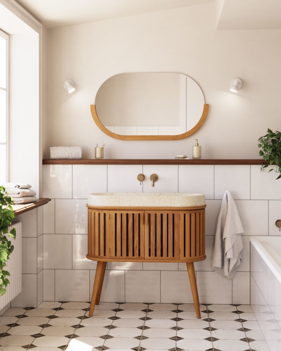 falso espacio Resaltar Mueble de baño con lavabo encimera Rokia de madera maciza de teca 90 x 80  cm | Kave Home