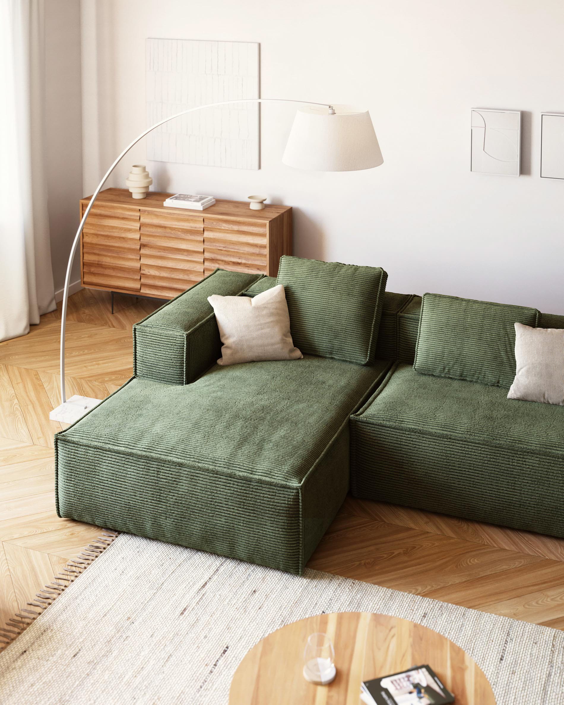 Blok 3 seater sofa with left side chaise longue in green corduroy 300 cm FR