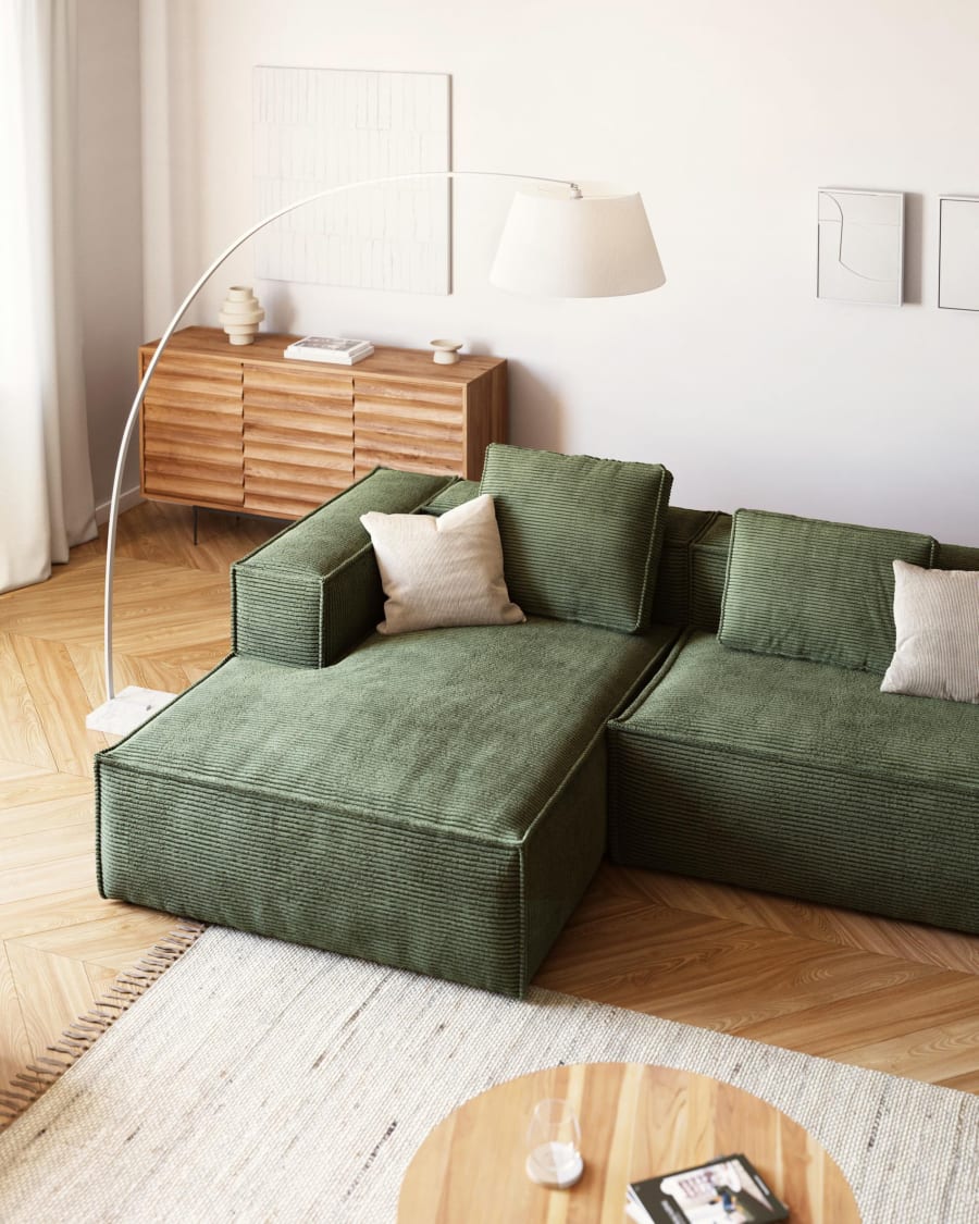Blok 3 seater sofa with left side chaise longue in green corduroy 300 cm FR  | Kave Home