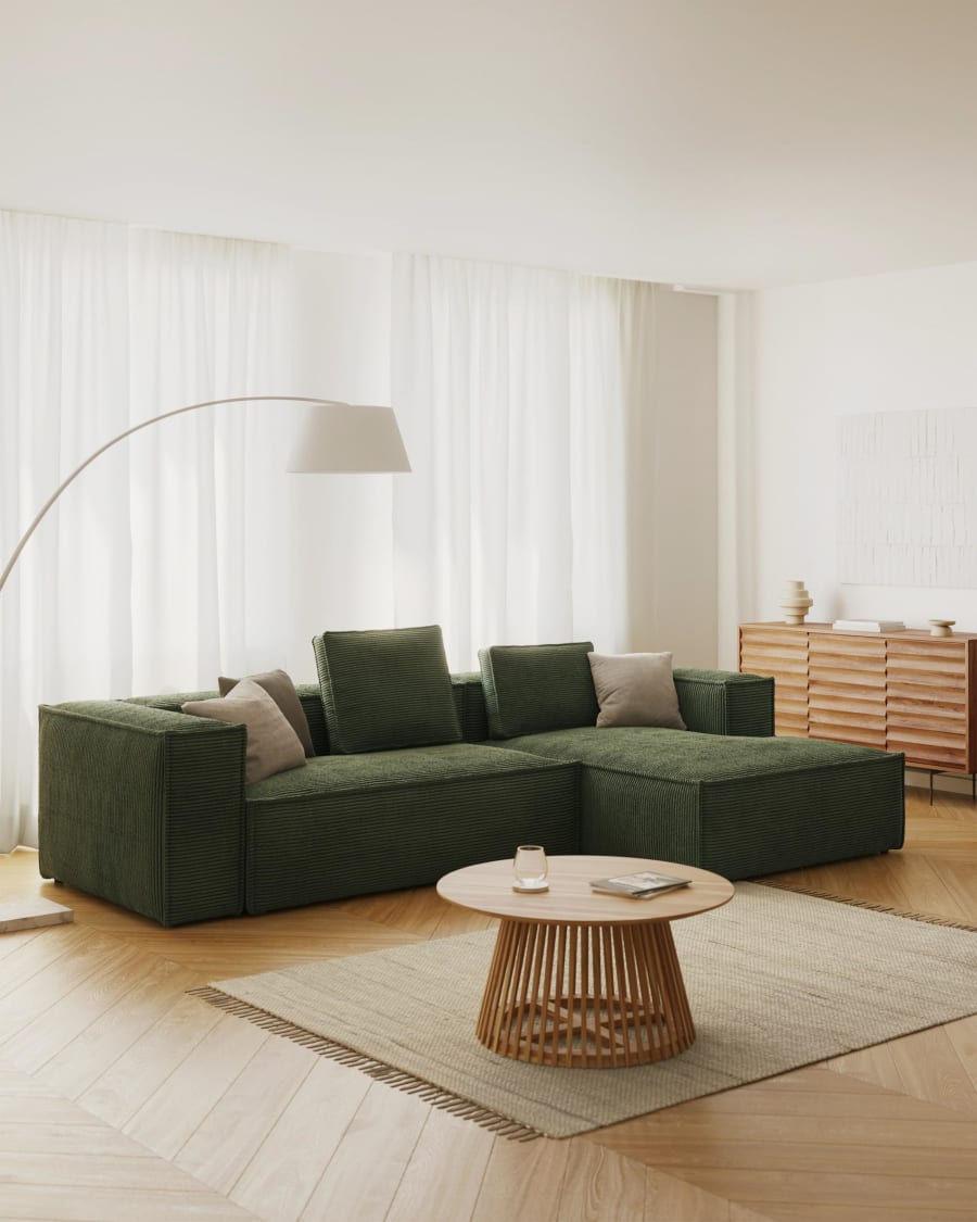Perceptie veronderstellen borstel 3-zitsbank Blok met chaise longue rechts in groen ribfluweel/corduroy 300  cm | Kave Home
