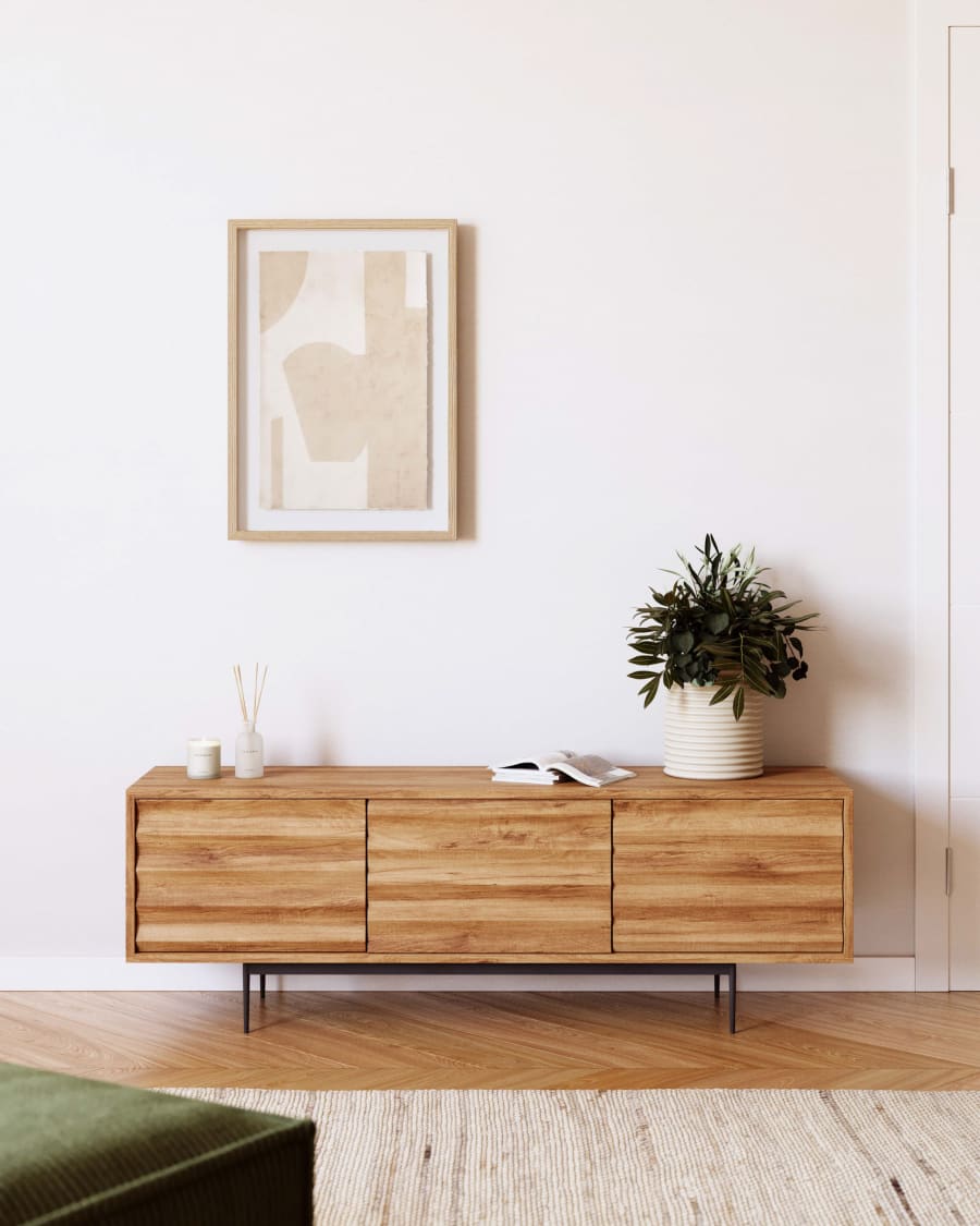 Mueble TV Delsie 3 puertas de madera maciza de acacia y acero acabado negro  147 x 50 cm