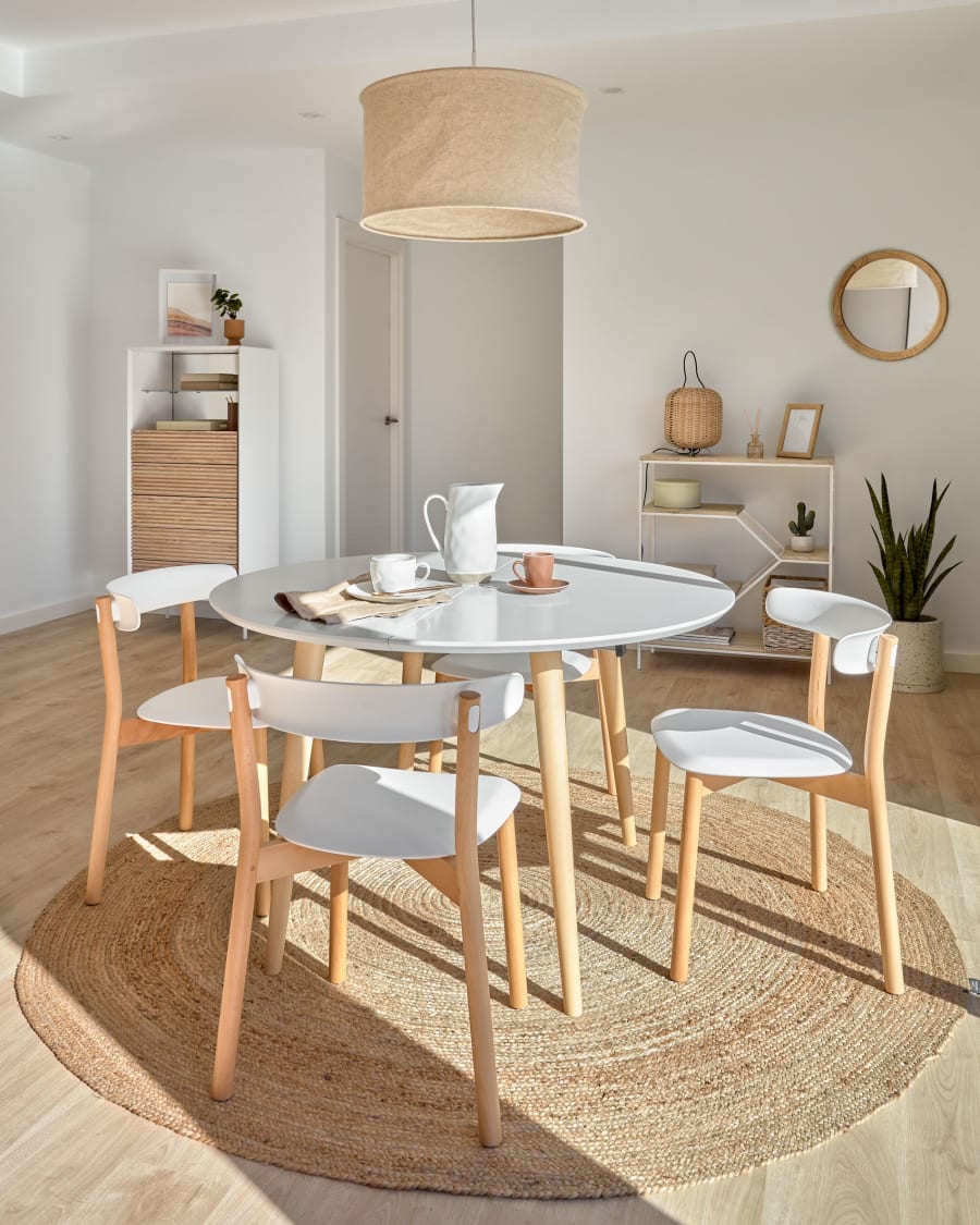 Mesas de comedor redondas, madera maciza roble, mesa extensible