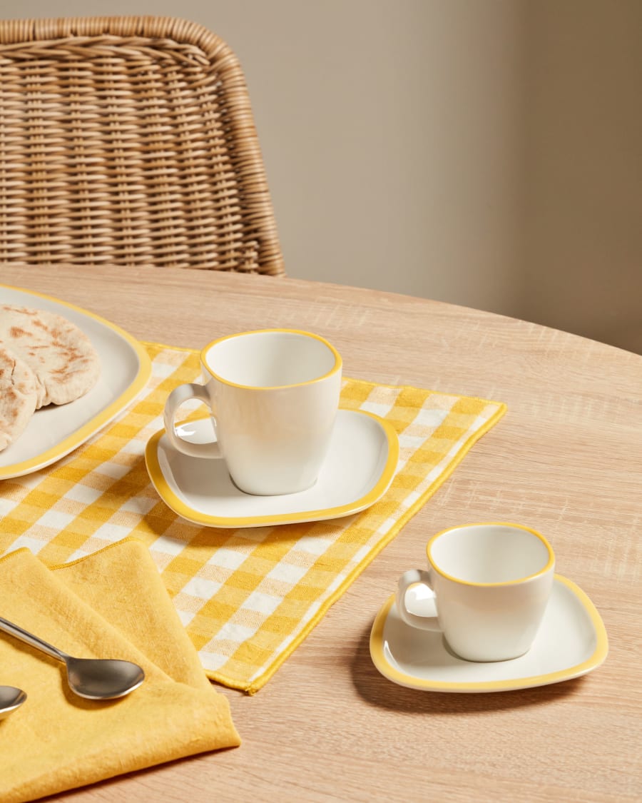 Tasse à café avec soucoupe Odalin porcelaine blanc et jaune | Kave Home®