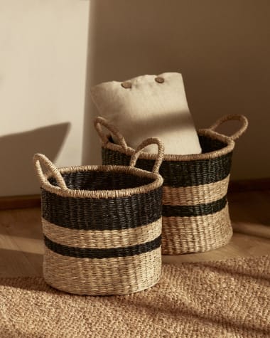 Nydia set of 2 baskets, made from natural fibres with a natural black finish